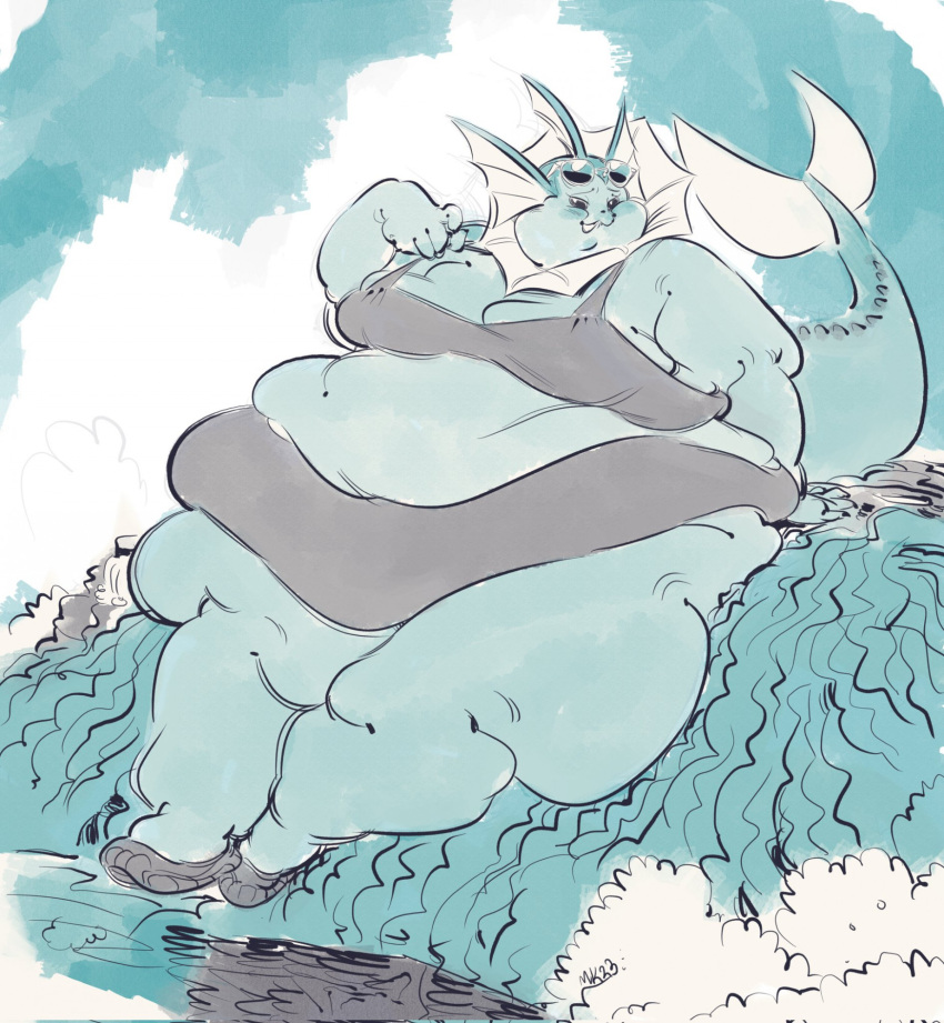 anthro belly big_belly bikini blue_body breasts chubby_cheeks cleavage clothed clothing ear_fins eeveelution eyewear fat_legs female fin generation_1_pokemon glasses hi_res huge_belly long_tail mk_artichoke morbidly_obese morbidly_obese_anthro morbidly_obese_female nintendo obese obese_anthro obese_female overweight overweight_anthro overweight_female pokemon pokemon_(species) solo swimwear tail vaporeon water