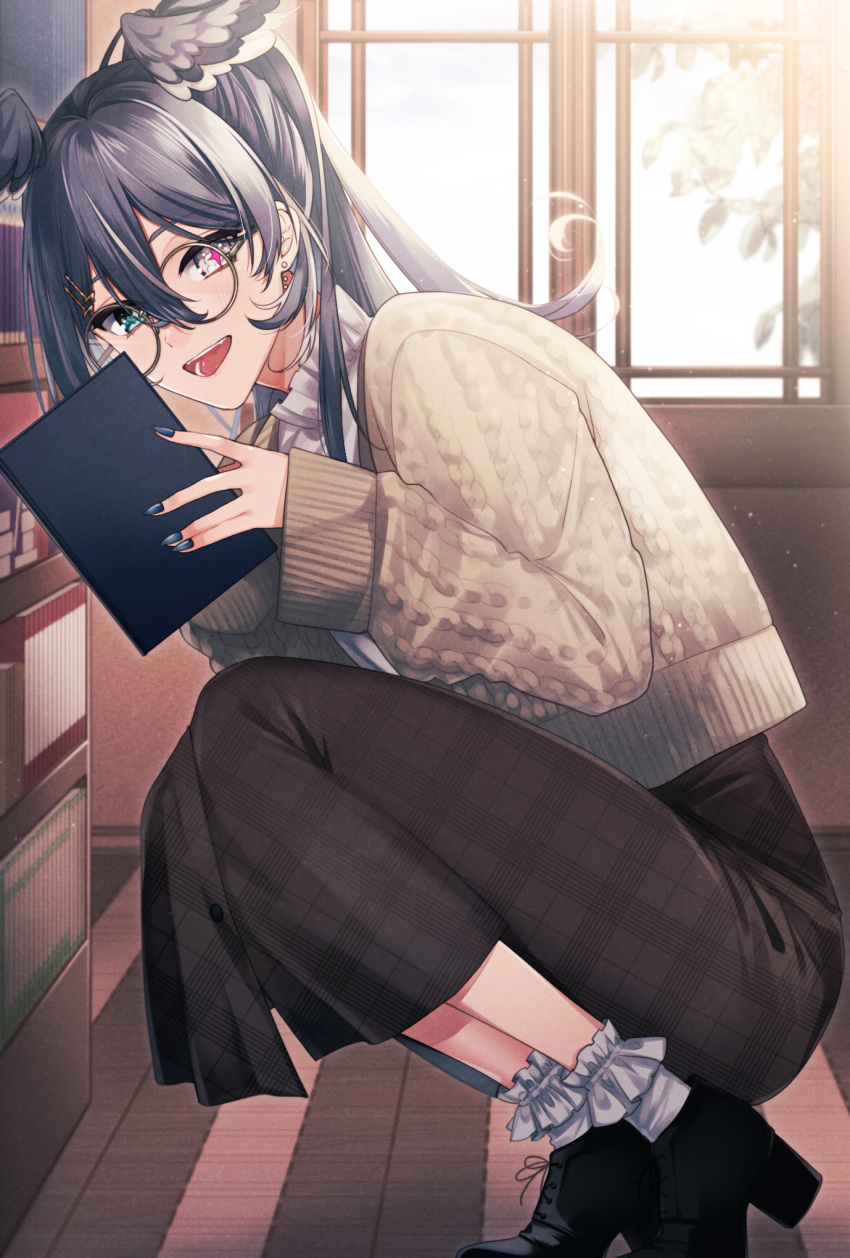 1girl blue_eyes blue_hair blue_wings book brown_cardigan brown_skirt butterfly_earrings buttons cardigan checkered_clothes checkered_skirt collar earrings elira_pendora frilled_collar frilled_socks frills from_side glasses hair_between_eyes head_wings heterochromia high_ponytail highres jewelry juwaton library long_hair long_skirt long_sleeves looking_at_viewer multicolored_hair nijisanji nijisanji_en official_alternate_costume official_alternate_hairstyle open_mouth purple_eyes round_eyewear skirt smile socks solo squatting sweater virtual_youtuber white_hair white_sweater wings