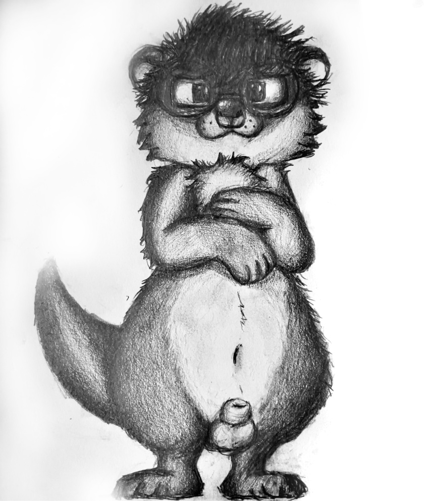 absurd_res animal_genitalia anthro balls circle_glasses facial_piercing fully_sheathed genitals hi_res male mammal monochrome mustelid navel nose_piercing nose_ring otter penis piercing ring_piercing sheath solo surette_(artist) surette_(character)