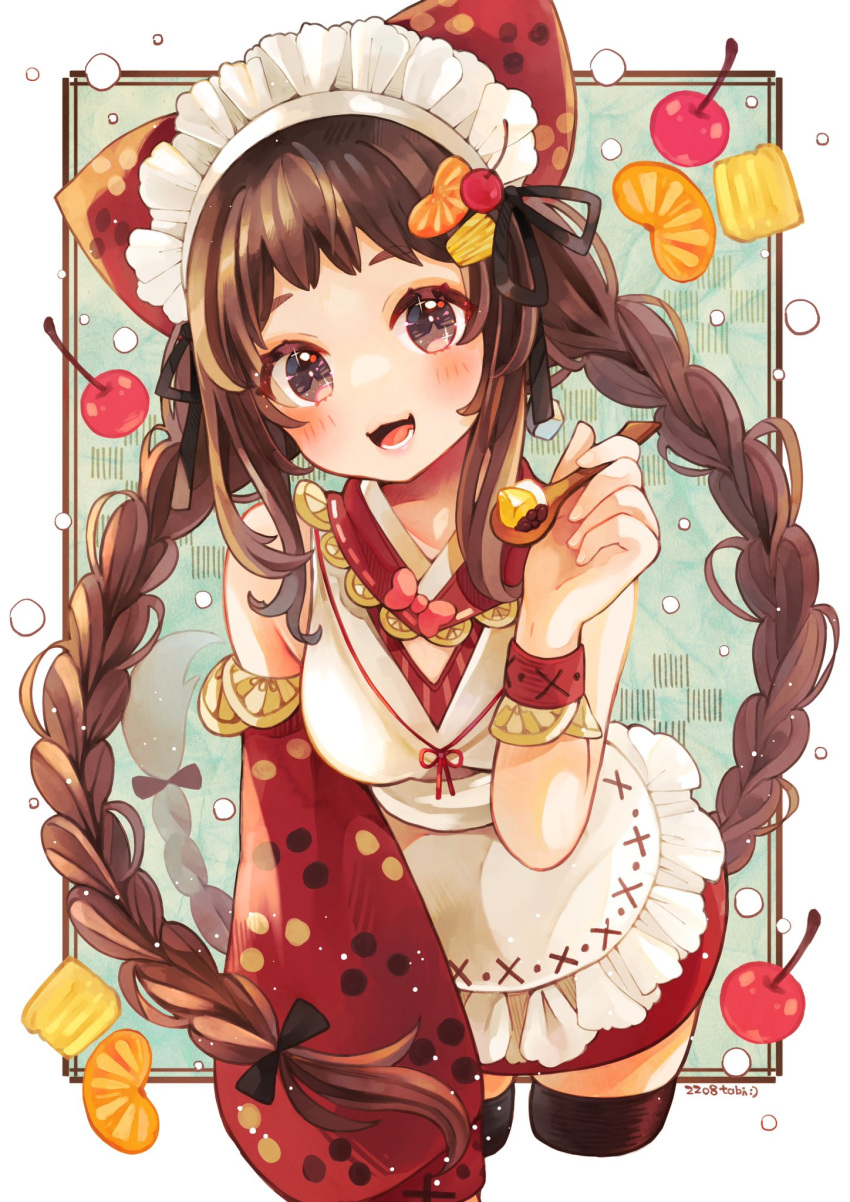 1girl :3 anmitsu_(dessert) apron artist_name bare_shoulders black_thighhighs border bow braid brown_eyes brown_hair cat_ear_hairband cherry cherry_hair_ornament commentary cowboy_shot cropped_legs dated detached_sleeves food food-themed_hair_ornament frilled_apron frilled_hairband frills fruit fruit_hat_ornament green_background hair_bow hair_ornament hairband hand_up highres holding holding_spoon leaning_forward long_hair looking_at_viewer maid_apron maid_headdress open_mouth orange_(fruit) orange_hair_ornament orange_slice original outside_border shirt signature single_detached_sleeve sleeveless sleeveless_shirt smile solo sparkling_eyes spoon tabi_0v0 thighhighs twin_braids wa_maid white_border white_shirt wristband