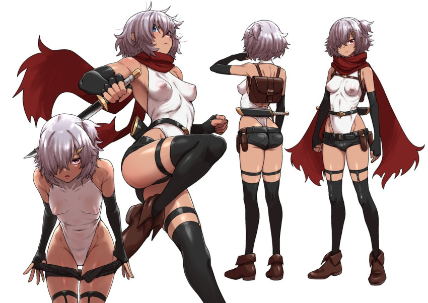 1girl ass back bare_shoulders black_gloves black_thighhighs blue_eyes blush boots breasts clenched_hand covered_nipples dark-skinned_female dark_skin elbow_gloves fingerless_gloves fumitan_(humitan) gloves grey_hair hair_ornament hairclip heterochromia holding holding_knife holding_sword holding_weapon knife leotard looking_at_viewer multiple_views original red_eyes reference_sheet scarf sheath sheathed short_hair short_sword shorts simple_background sword thighhighs undressing weapon white_background