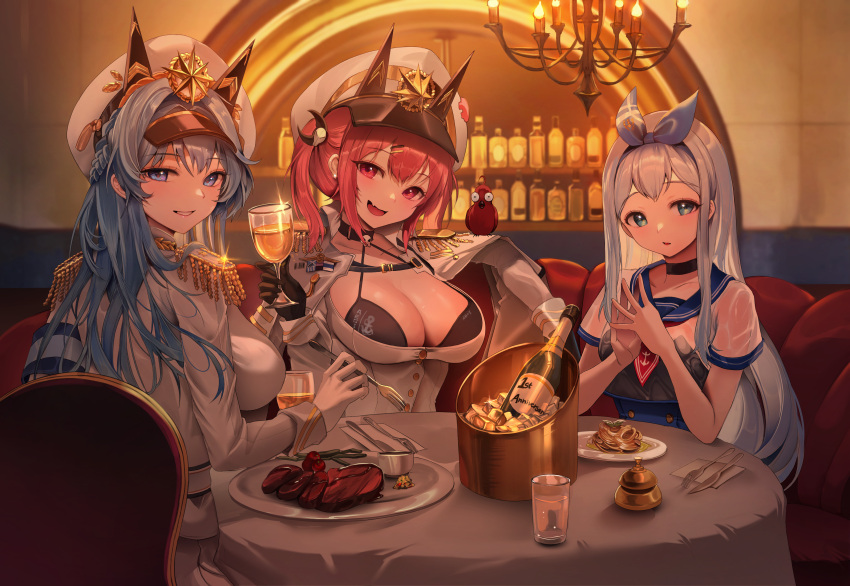 3girls absurdres alcohol anchor_(nikke) blue_eyes blue_hair breasts cleft_of_venus commentary cup english_commentary epaulettes food fork glass goddess_of_victory:_nikke hat helm_(nikke) highres holding holding_cup holding_fork indoors large_breasts long_hair looking_at_viewer mast_(nikke) military_hat multiple_girls red_eyes red_hair sitting steak white_hair white_headwear wine zerocat