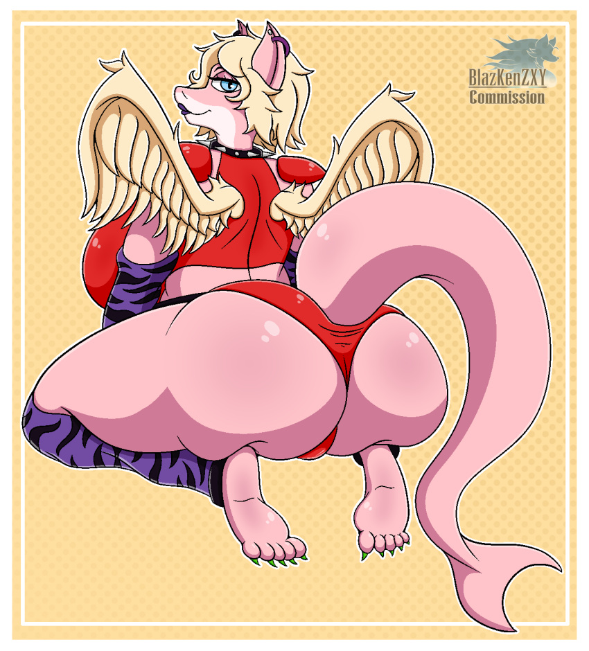 2023 anthro big_breasts big_butt big_tail blazkenzxy blonde_hair blue_eyes breasts butt clothing collar cosplay digital_drawing_(artwork) digital_media_(artwork) ear_piercing feet female fish five_nights_at_freddy's five_nights_at_freddy's:_security_breach hair hi_res huge_breasts huge_butt lipstick looking_back makeup marine multicolored_body piercing pink_body presenting presenting_hindquarters roxanne_wolf_(fnaf) scottgames shark signature simple_background solo spiked_collar spikes steel_wool_studios tail tan_body tight_clothing two_tone_body wings