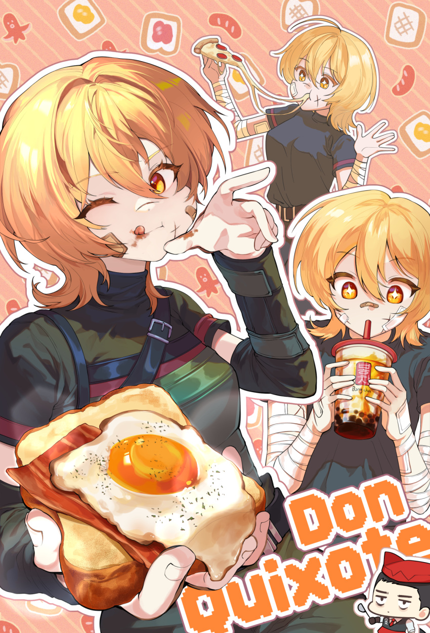 1girl bacon bandaged_arm bandages bandaid bandaid_on_face black_pants black_shirt bubble_tea don_quixote_(limbus_company) eating food fried_egg gauze gauze_on_cheek highres holding holding_food limbus_company meursault_(limbus_company) pants pikett_iv pizza project_moon sausage shirt short_sleeves solo_focus sparkling_eyes toast