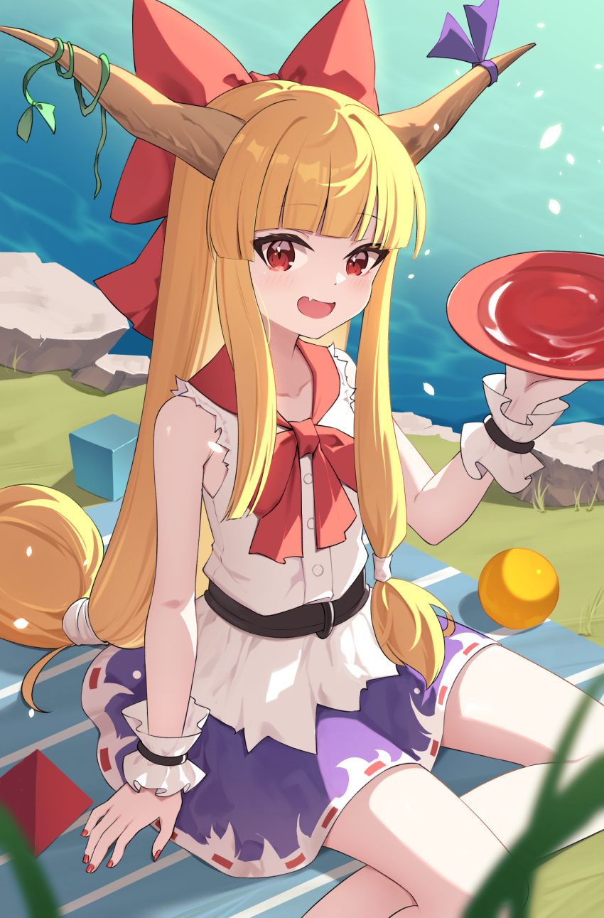 1girl alcohol blue_ribbon blue_skirt blush bow buttons cup fang fingernails hair_bow highres holding holding_cup horn_ornament horn_ribbon horns ibuki_suika long_hair nail_polish oeyama oni_horns open_mouth orange_hair red_bow red_eyes red_nails ribbon sakazuki sake shirt skin_fang skirt smile solo torn_clothes torn_sleeves touhou white_shirt wrist_cuffs