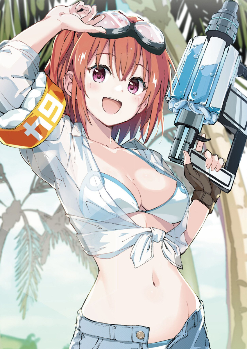 1girl :d arm_up blush breasts brown_hair cleavage coconut_tree dot_nose front-tie_top goggles goggles_on_head highres holding holding_water_gun looking_at_viewer making-of_available medium_breasts midriff open_mouth original palm_tree purple_eyes rauto see-through see-through_shirt shirt short_hair smile solo teeth tree upper_body upper_teeth_only water_gun white_shirt