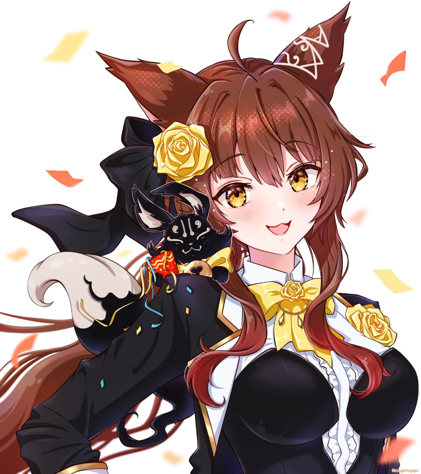 1girl ahoge animal_ears breasts brown_hair commentary_request flower fox_ears fumi_(4th_costume)_(nijisanji) fumi_(nijisanji) hair_flower hair_ornament highres large_breasts long_hair mugimugigo nijisanji open_mouth ponytail sidelocks smile solo virtual_youtuber yellow_eyes yellow_flower