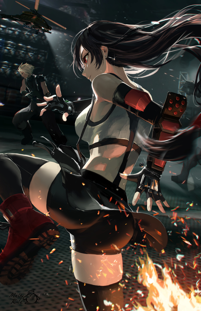 1girl 2boys absurdres aircraft armor ass bare_shoulders barret_wallace bike_shorts_under_skirt black_gloves black_hair black_shorts black_skirt black_thighhighs breasts cloud_strife crop_top dangle_earrings dark-skinned_male dark_skin earrings elbow_pads fighting_stance final_fantasy final_fantasy_vii final_fantasy_vii_remake fingerless_gloves from_behind gatling_gun gloves helicopter highres jewelry kicking large_breasts long_hair low-tied_long_hair meltyrice midriff miniskirt multiple_boys night night_sky outdoors prosthetic_weapon red_eyes red_footwear shirt short_hair shorts shoulder_armor skirt sky spiked_hair suspender_skirt suspenders tank_top taut_clothes taut_shirt thighhighs thighs tifa_lockhart turtleneck white_tank_top