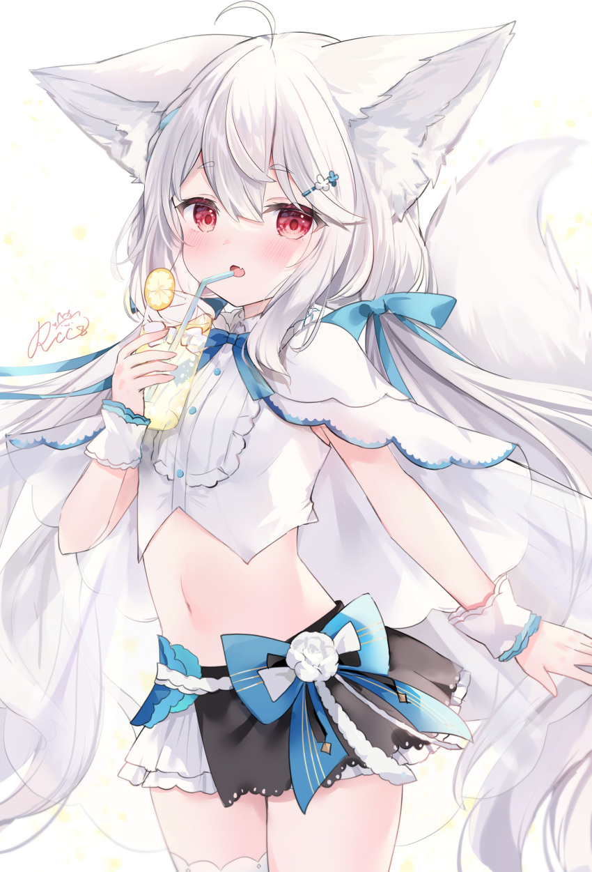 1girl absurdres ahoge animal_ear_fluff animal_ears bendy_straw blue_flower capelet commentary_request crop_top cup drink drinking_glass drinking_straw fang flower food fruit hair_between_eyes hair_flower hair_ornament hairclip highres holding holding_cup ice ice_cube lemon lemon_slice long_hair looking_at_viewer midriff navel open_mouth original red_eyes rukako sakurada_shiro shirt short_eyebrows skirt solo tail thick_eyebrows very_long_hair white_capelet white_flower white_hair white_shirt white_skirt