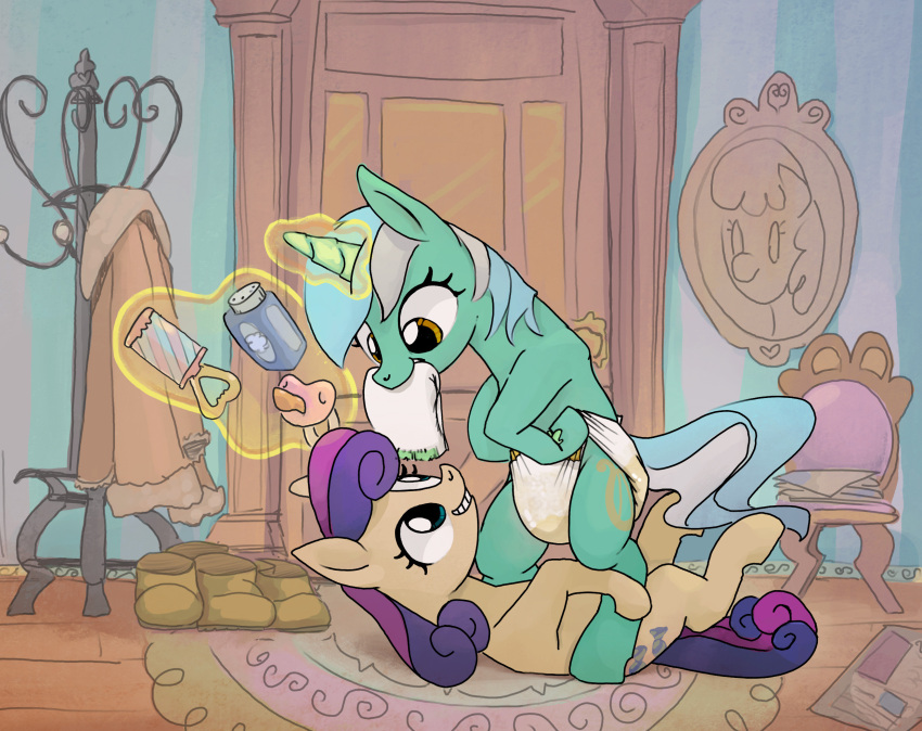 adult_baby anticipation asdfasfasda baby_powder bipedal_feral bodily_fluids bonbon_(mlp) clothed clothing diaper duo equid equine excited female female/female feral friendship_is_magic genital_fluids grin hasbro hi_res holding_diaper horn horse inside lying lyra_heartstrings_(mlp) mammal my_little_pony on_back on_top on_top_of pacifier pony rattle smile touching_diaper unicorn urine watersports wet_diaper wetting