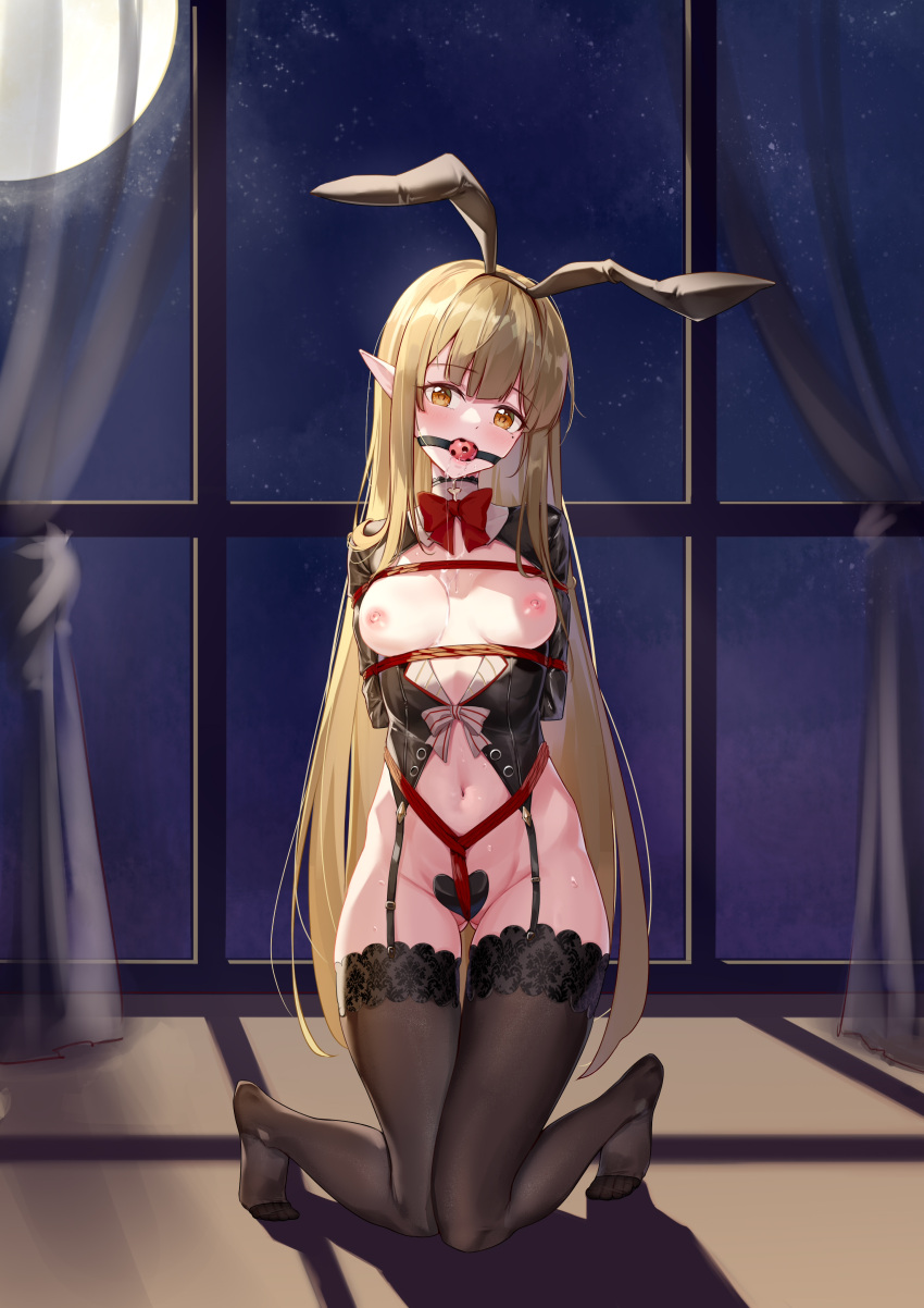 1girl absurdres animal_ears arknights arms_behind_back ass_visible_through_thighs ball_gag black_hairband black_thighhighs blush bottomless bow bowtie breasts closed_mouth curtains drooling fake_animal_ears full_moon gag gagged hairband heart_maebari highres indoors long_sleeves maebari moon muelsyse_(arknights) navel night night_sky nipples no_shoes pointy_ears qaq_baiguang rabbit_ears red_bow red_bowtie saliva shibari shibari_over_clothes sky small_breasts smile thighhighs window window_shade