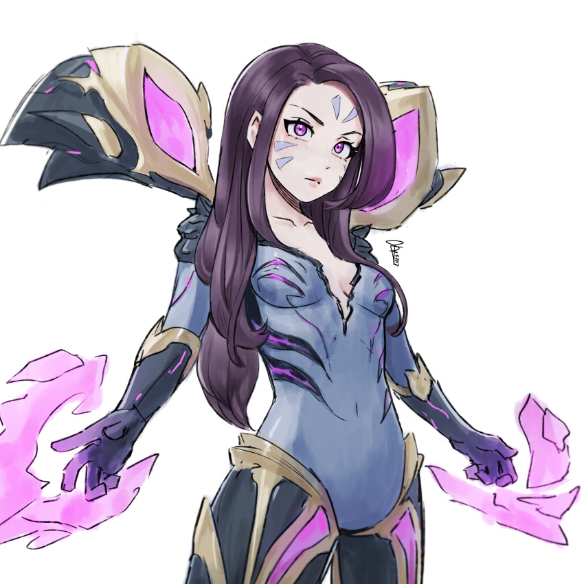 1girl absurdres banana_(bananapie) black_bodysuit black_gloves black_hair bodysuit breasts collarbone cowboy_shot facial_mark gloves highres kai'sa league_of_legends long_hair medium_breasts multicolored_bodysuit multicolored_clothes purple_bodysuit purple_eyes signature simple_background solo wings