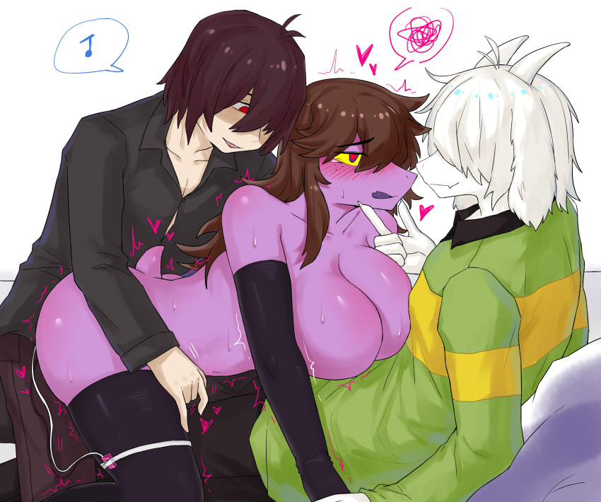 &lt;3 absurd_res alternate_species anthro asriel_dreemurr big_breasts bovid breasts brown_hair caprine chara_(undertale) clothed clothing deltarune female fully_clothed fur furrification goat group group_sex hair hair_over_eyes hechangjun250 hi_res horn human human_on_anthro interspecies kris_(deltarune) legwear male male/female mammal mostly_nude red_eyes reptile scalie sex sex_toy short_tail stockings susie_(deltarune) sweater tail thigh_highs threesome topwear trio undertale undertale_(series) vibrator white_body white_fur white_hair