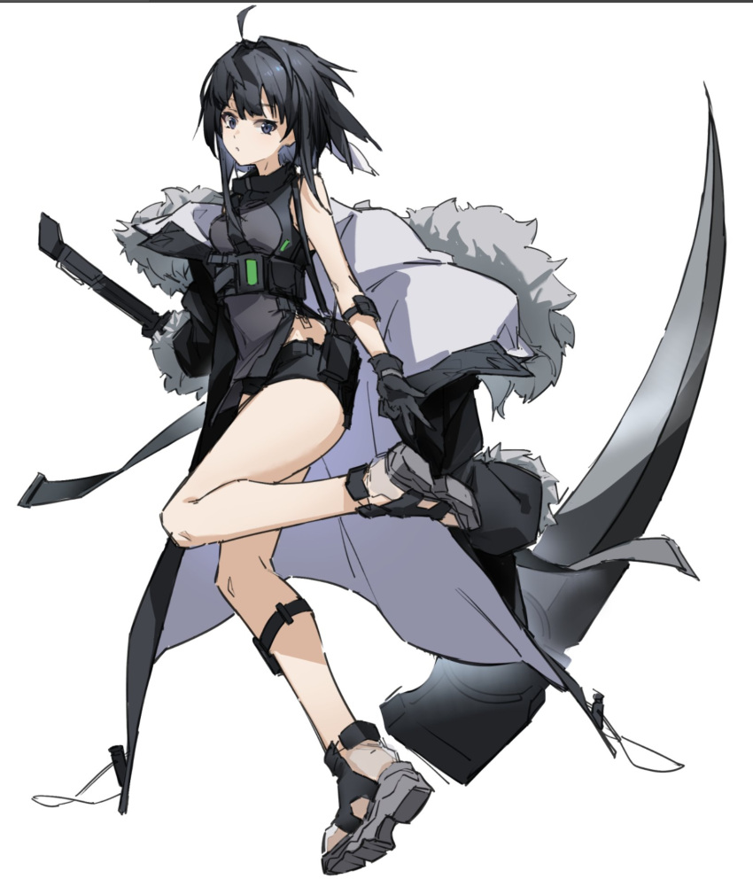 1girl ahoge arknights arm_out_of_sleeve black_coat black_eyes black_gloves black_hair black_shirt black_shorts breasts coat covered_navel full_body fur-trimmed_coat fur_trim gloves highres holding holding_scythe ken_rqll la_pluma_(arknights) looking_at_viewer medium_hair sandals scythe shirt shorts sleeveless sleeveless_shirt small_breasts solo