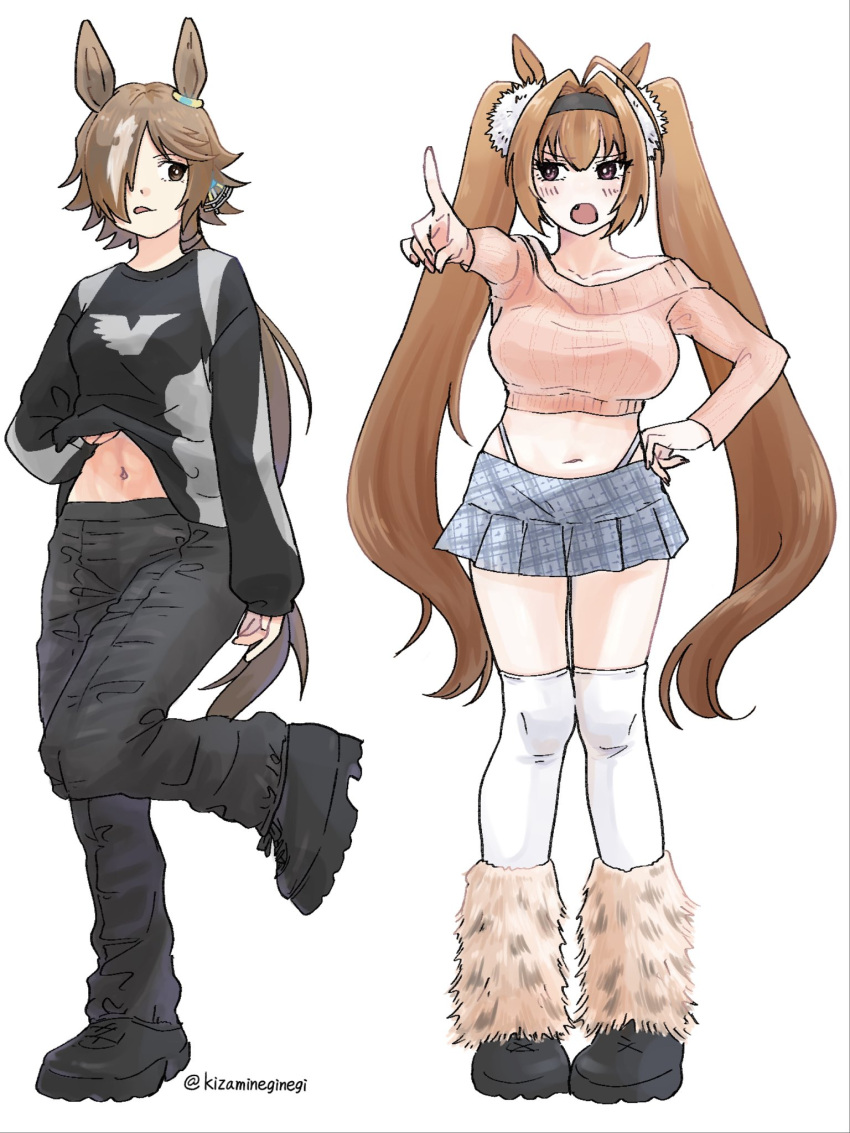 2girls :o alternate_costume animal_ears bare_shoulders black_footwear black_hairband black_pants black_shirt blue_skirt blush boots breasts brown_eyes brown_hair closed_mouth collarbone commentary_request crop_top daiwa_scarlet_(umamusume) fang fur_boots grey_hair hair_between_eyes hair_intakes hairband highleg highleg_panties highres horse_ears horse_girl horse_tail index_finger_raised large_breasts long_hair long_sleeves low_ponytail medium_breasts midriff multicolored_hair multiple_girls navel off-shoulder_sweater off_shoulder open_mouth outstretched_arm panties pants pink_sweater plaid plaid_skirt pleated_skirt ponytail puffy_long_sleeves puffy_sleeves shirt shoes simple_background skirt sleeves_past_wrists standing standing_on_one_leg sweater tail takumi_(wichiha) thighhighs thighhighs_under_boots tongue tongue_out twintails twitter_username two-tone_hair umamusume underwear v-shaped_eyebrows very_long_hair vodka_(umamusume) white_background white_panties white_thighhighs