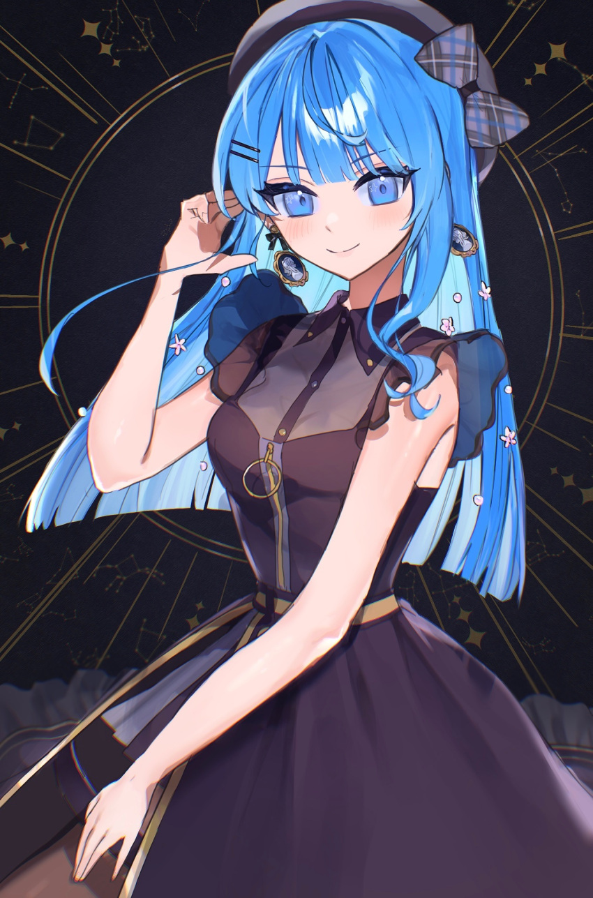 1girl bare_arms beret black_bow black_dress black_headwear blue_eyes blue_hair blunt_bangs blush bow breasts brown_pantyhose collared_dress colored_inner_hair dress earrings flower hair_flower hair_ornament hat hat_bow highres hololive hoshimachi_suisei hoshimachi_suisei_(6th_costume) jewelry light_blue_hair long_hair looking_at_viewer medium_breasts multicolored_hair official_alternate_costume official_alternate_hairstyle pantyhose potepotechi sash see-through_cleavage side_slit skirt_cutout smile solo star_(symbol) star_in_eye symbol_in_eye virtual_youtuber yellow_sash zipper_pull_tab