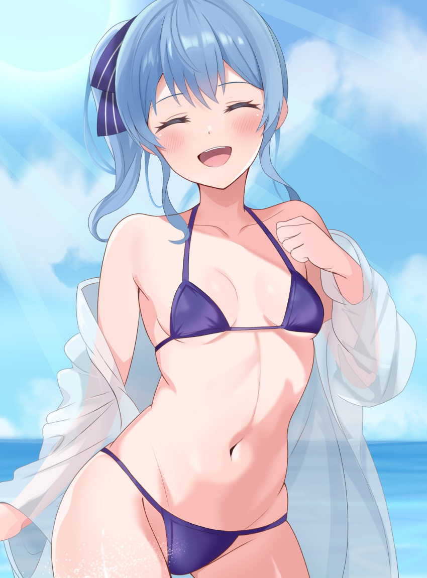 1girl alternate_costume bare_shoulders bikini blue_bikini blue_hair blue_ribbon blush breasts cleavage closed_eyes cloud cloudy_sky collarbone cowboy_shot day eyelashes facing_viewer fawny hair_between_eyes hair_ribbon highres hololive hoshimachi_suisei long_hair looking_at_viewer micro_bikini navel off_shoulder open_clothes open_mouth open_shirt outdoors ribbon see-through see-through_shirt shadow shiny_skin side_ponytail sidelocks sky small_breasts smile solo sparkle standing stomach swimsuit teeth thighs tongue upper_teeth_only virtual_youtuber water