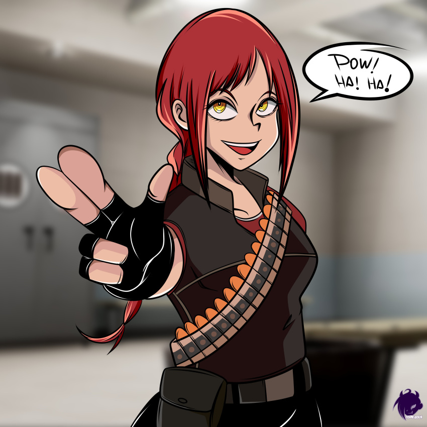 absurdres bandolier black_pants braid braided_ponytail bullet bulletproof_vest chainsaw_man cosplay crossover english_text fingerless_gloves frank_araya gloves heavy_(tf2) heavy_(tf2)_(cosplay) highres long_hair makima_(chainsaw_man) open_mouth pants parody pointing ponytail red_hair red_shirt shirt speech_bubble team_fortress_2 vest yellow_eyes
