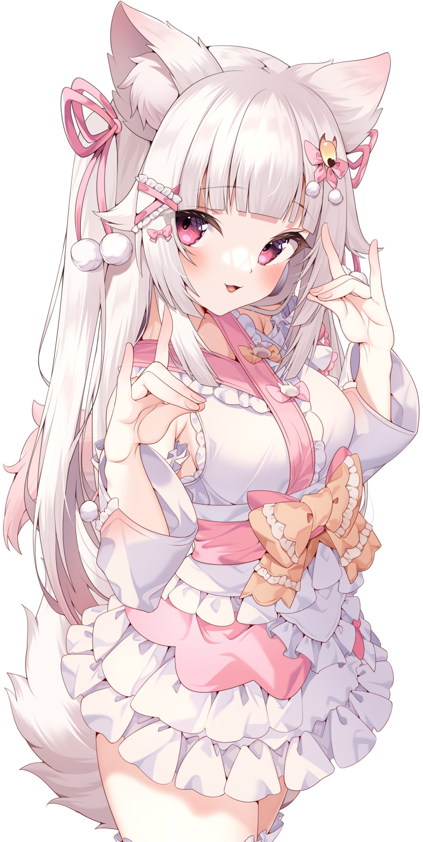 absurdres animal_ear_fluff animal_ears bare_shoulders bow commission detached_sleeves double_fox_shadow_puppet fox_ears fox_girl fox_shadow_puppet fox_tail frilled_skirt frills grey_hair hair_flaps hair_ornament highres indie_virtual_youtuber jun_(aousa0328) pink_eyes skeb_commission skirt tail two_side_up waist_bow