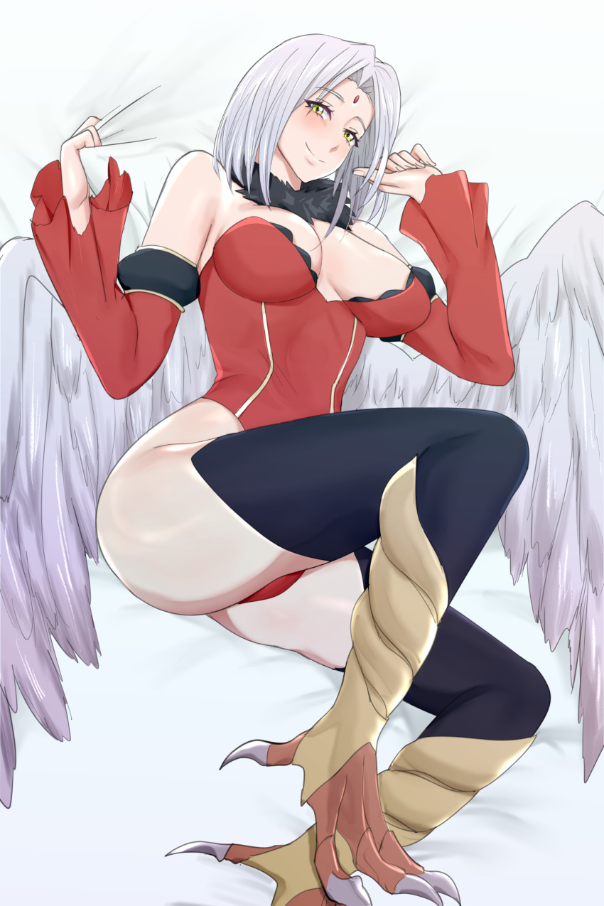 1girl absurdres bird_legs black_thighhighs blush breasts commentary detached_sleeves english_commentary feathered_wings forehead_jewel frey_(tensei_shitara_slime_datta_ken) harpy highres large_breasts leotard looking_at_viewer monster_girl red_leotard reofenja smile solo talons tensei_shitara_slime_datta_ken thighhighs thighs white_hair wings yellow_eyes