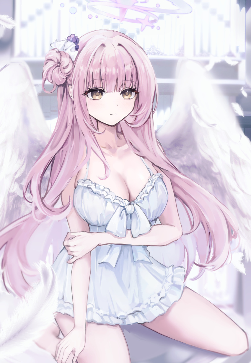 1girl absurdres alternate_costume angel_wings blue_archive breasts cleavage closed_mouth collarbone commentary_request dress falling_feathers feathered_wings hair_bun halo highres indoors large_breasts long_hair looking_afar mika_(blue_archive) onmoynn pink_hair pink_halo short_dress single_hair_bun single_side_bun sitting solo thighs wariza white_dress white_wings wings yellow_eyes