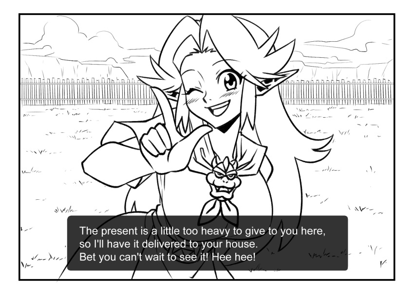 big_breasts blush blush_lines bowser breasts clothing dialogue female hair hi_res humanoid humanoid_pointy_ears hylian looking_at_viewer malon mario_bros matsu-sensei monochrome nintendo not_furry ocarina_of_time one_eye_closed open_mouth smile solo teeth text text_box the_legend_of_zelda wink