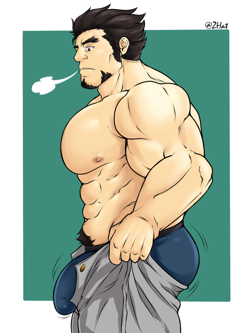 1boy abs absurdres artist_request ass bara black_hair blue_male_underwear breath bulge bulge_lift dressing facial_hair feet_out_of_frame fire_emblem fire_emblem:_the_sacred_stones from_side gilliam_(fire_emblem) goatee grey_pants highres i've_never_seen_a_guy_recreate_this_successfully_tbh_(meme) large_pectorals long_sideburns male_focus male_underwear mature_male meme motion_lines muscular muscular_male navel_hair nipples open_pants pants pants_lift pectorals short_hair sideburns solo stomach thick_eyebrows thick_thighs thighs topless_male undersized_clothes underwear