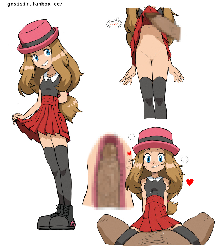 1boy 1girl absurdres blue_eyes blush censored clothes_lift collared_shirt commentary_request cross-section eyelashes gnsisir grin hat heart hetero high-waist_skirt highres lifted_by_another long_hair looking_down mosaic_censoring multiple_views parted_lips penis pink_headwear pokemon pokemon_(anime) pokemon_xy_(anime) red_skirt serena_(pokemon) sex shirt shoes skirt skirt_lift sleeveless sleeveless_shirt smile spoken_blush standing sweat teeth thighhighs web_address