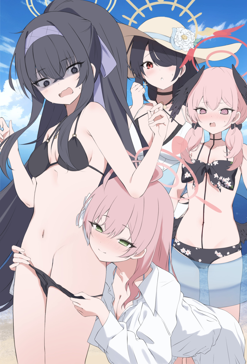 4girls @_@ ahoge bikini black_bikini black_choker black_eyes black_hair blue_archive blue_sky bow breasts choker cleavage closed_mouth cloud collared_shirt commentary_request cross cross_earrings earrings floral_print green_eyes hair_bow halo hanako_(blue_archive) hanako_(swimsuit)_(blue_archive) hands_up head_wings high_ponytail highres hinata_(blue_archive) hinata_(swimsuit)_(blue_archive) jewelry koharu_(blue_archive) koharu_(swimsuit)_(blue_archive) large_breasts long_hair looking_at_another looking_down low_twintails multiple_girls navel o-ring o-ring_bikini official_alternate_costume open_mouth panties panty_pull partially_unbuttoned pink_hair pink_halo ponytail print_bikini red_halo shinshia_(sinsia_0928) shirt sidelocks sky small_breasts standing swimsuit tattoo transparent_innertube twintails ui_(blue_archive) ui_(swimsuit)_(blue_archive) underwear white_bow white_shirt wings yellow_halo yellow_headwear
