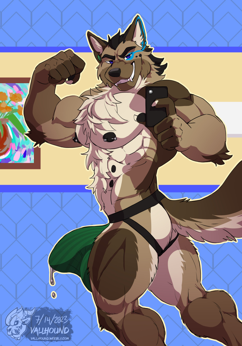 abs absurd_res anthro big_bulge body_hair bulge canid canine canis clothing domestic_dog edan_shepherd fluffy german_shepherd happy_trail herding_dog hi_res invalid_tag jockstrap leaking male mammal muscular nipples pastoral_dog pecs piercing solo underwear vallhund