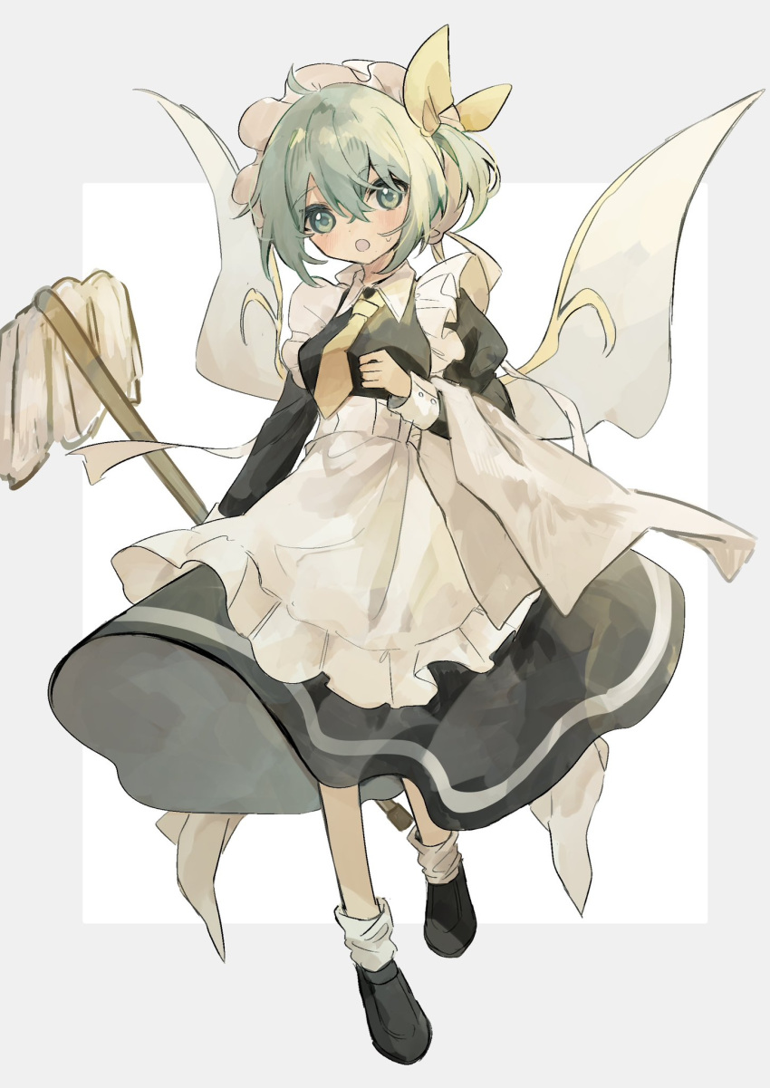 1girl apron black_dress black_footwear blush daiyousei dress fairy fairy_wings full_body green_eyes green_hair hair_between_eyes hat highres long_sleeves maid_apron mob_cap open_mouth sabatuki shoes short_hair side_ponytail socks solo touhou two-tone_background white_apron white_headwear white_socks wings