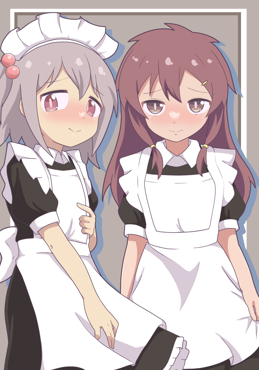 2boys absurdres blush brown_eyes commentary crossdressing embarrassed grey_background grey_eyes grey_hair hair_bobbles hair_ornament hairclip highres long_hair maid maid_headdress medium_hair multiple_boys namari_siro onii-chan_wa_oshimai! otoko_no_ko puffy_short_sleeves puffy_sleeves sakurada_yuuta senkawa_minato short_sleeves simple_background