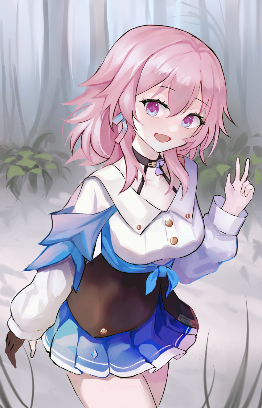 1girl :d absurdres april_cho black_choker black_corset black_gloves blue_eyes blue_jacket blue_skirt breasts buttons chinese_commentary choker corset cowboy_shot earrings forest gloves grass hair_between_eyes hand_up highres honkai:_star_rail honkai_(series) jacket jewelry long_sleeves looking_at_viewer march_7th_(honkai:_star_rail) medium_breasts medium_hair miniskirt nature partially_fingerless_gloves pink_eyes pink_hair pleated_skirt shirt single_earring single_glove skirt smile solo tied_jacket two-tone_eyes w white_shirt