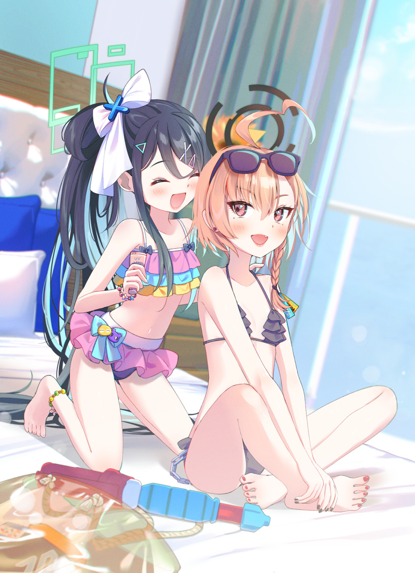 2girls absurdly_long_hair aris_(blue_archive) bare_arms bare_legs bare_shoulders barefoot bikini black_bikini black_hair blue_archive blush braid closed_eyes eyewear_on_head flat_chest green_halo hair_between_eyes halo highres indoors kneeling kurape_(pat1na) legs long_hair multiple_girls nail_polish navel neru_(blue_archive) open_mouth orange_hair red_eyes single_braid sitting smile sunglasses swimsuit toenail_polish toenails toes very_long_hair