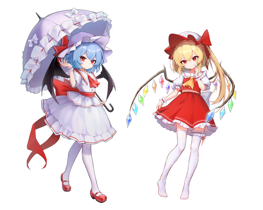 2girls absurdres arm_up ascot back_bow bat_wings blonde_hair blue_hair bow buttons cho_kagaku_no_rei_kyoju closed_mouth collared_shirt crystal flandre_scarlet frilled_shirt_collar frilled_skirt frilled_sleeves frilled_umbrella frills hat hat_bow hat_ribbon head_tilt highres holding holding_umbrella large_bow long_hair looking_at_viewer mary_janes mob_cap multicolored_wings multiple_girls no_shoes one_side_up puffy_short_sleeves puffy_sleeves purple_umbrella red_ascot red_bow red_eyes red_footwear red_ribbon red_skirt red_vest remilia_scarlet ribbon shirt shoes short_sleeves siblings simple_background sisters skirt skirt_set sleeve_ribbon thighhighs touhou umbrella vest white_background white_bow white_headwear white_shirt white_skirt white_thighhighs wings wrist_cuffs yellow_ascot