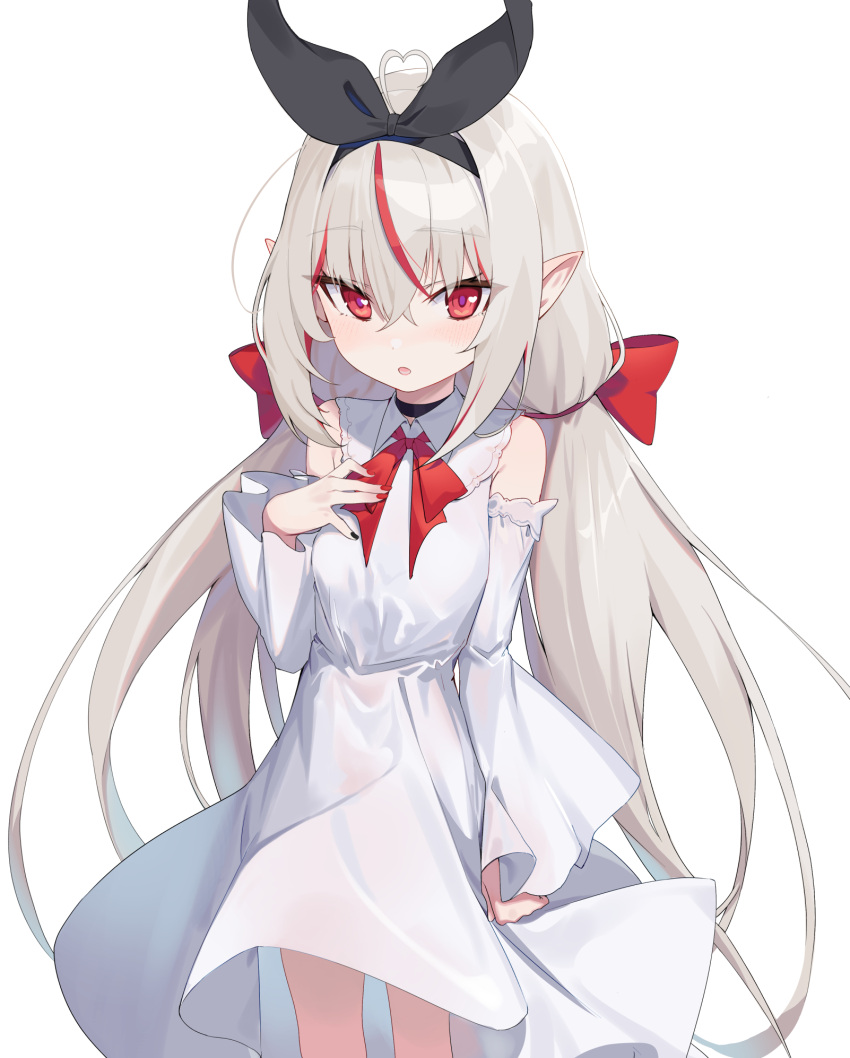 1girl :o ahoge bare_shoulders black_choker black_hairband black_nails black_ribbon bow choker collared_dress commentary_request detached_sleeves dress grey_hair hair_between_eyes hair_bow hair_ribbon hairband hand_up heart heart_ahoge highres long_hair long_sleeves looking_at_viewer multicolored_hair multicolored_nails nail_polish ohihil original parted_lips pointy_ears red_bow red_eyes red_hair red_nails ribbon simple_background sleeveless sleeveless_dress sleeves_past_wrists solo streaked_hair very_long_hair white_background white_sleeves wide_sleeves