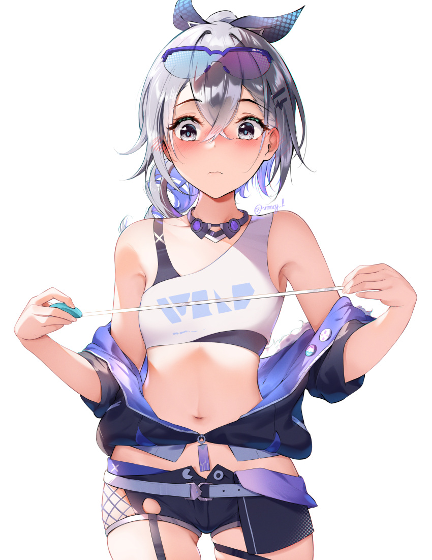 1girl absurdres black_jacket black_shorts breasts crop_top crossed_bangs drill_ponytail eyewear_on_head goggles goggles_on_head grey_eyes grey_hair hair_between_eyes highres holding honkai:_star_rail honkai_(series) jacket long_hair navel ponytail purple-tinted_eyewear shirt shorts silver_wolf_(honkai:_star_rail) single_drill solo tape_measure thigh_strap tinted_eyewear vincent_leo white_shirt