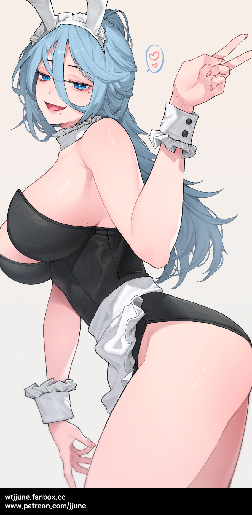 1girl absurdres animal_ears black_leotard blue_eyes blue_hair breasts cleavage fake_animal_ears fanbox_username grey_background hair_between_eyes heart highres jjune large_breasts leotard long_hair looking_at_viewer mole mole_on_breast mole_under_eye open_mouth original patreon_username playboy_bunny rabbit_ears simple_background smile solo spoken_heart thighs v wrist_cuffs