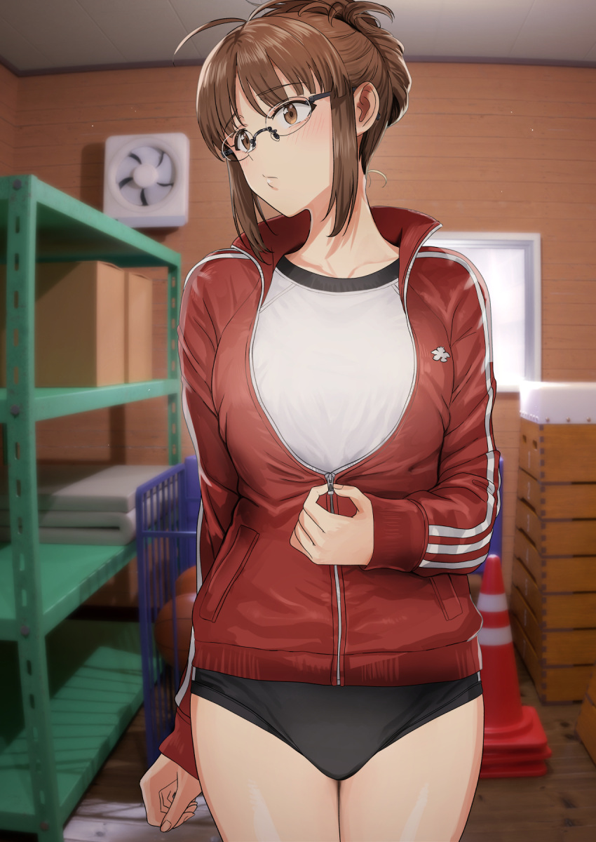 1girl akizuki_ritsuko antenna_hair averting_eyes black_buruma blush breasts brown_hair buruma commentary cowboy_shot glasses gym_storeroom gym_uniform highres idolmaster idolmaster_(classic) idolmaster_million_live! indoors jacket large_breasts partially_unzipped red_jacket revision rimless_eyewear sidelocks solo track_jacket tsurui unzipping vaulting_horse