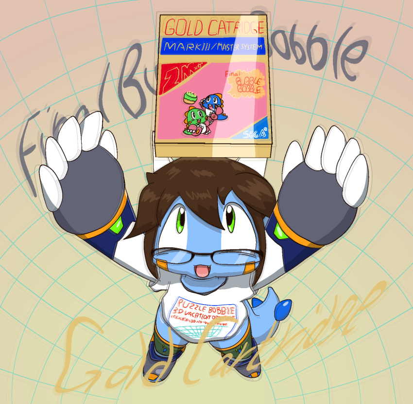 anthro armwear biped bird's-eye_view blue_body bob_(bubble_bobble) box brown_hair bub_(bubble_bobble) bubble_bobble bubble_dragon claws clothing container curved_text dragon eyewear facial_markings fin floating_object geometric_background glasses gloves green_eyes grid_background grid_floor grid_lines gunma747j gunma_(gunma747j) hail-fanged_dragon hair handwear head_fin head_horn head_markings hi_res high-angle_view holding_object horn hyogaryu kemono legwear looking_at_object looking_up male markings one-piece_swimsuit open_mouth open_smile pattern_background perspective_shot puzzle_bobble shaded shirt simple_background smile solo swimwear taito text topwear