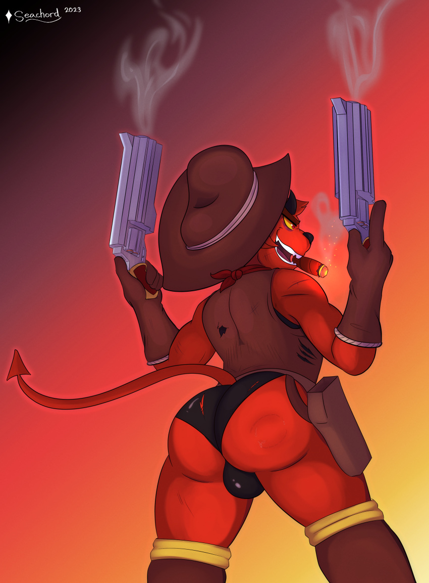 2023 absurd_res backsack balls big_bulge big_butt bite_mark bulge butt cigar clothing cowboy cowboy_hat demon genitals gremile_'hotshot' gun handgun hat headgear headwear hi_res imp kings_of_hell leotard male ranged_weapon rear_view red_body red_eyes revolver seachord short_stack smoking solo thick_thighs torn_clothing weapon wounded