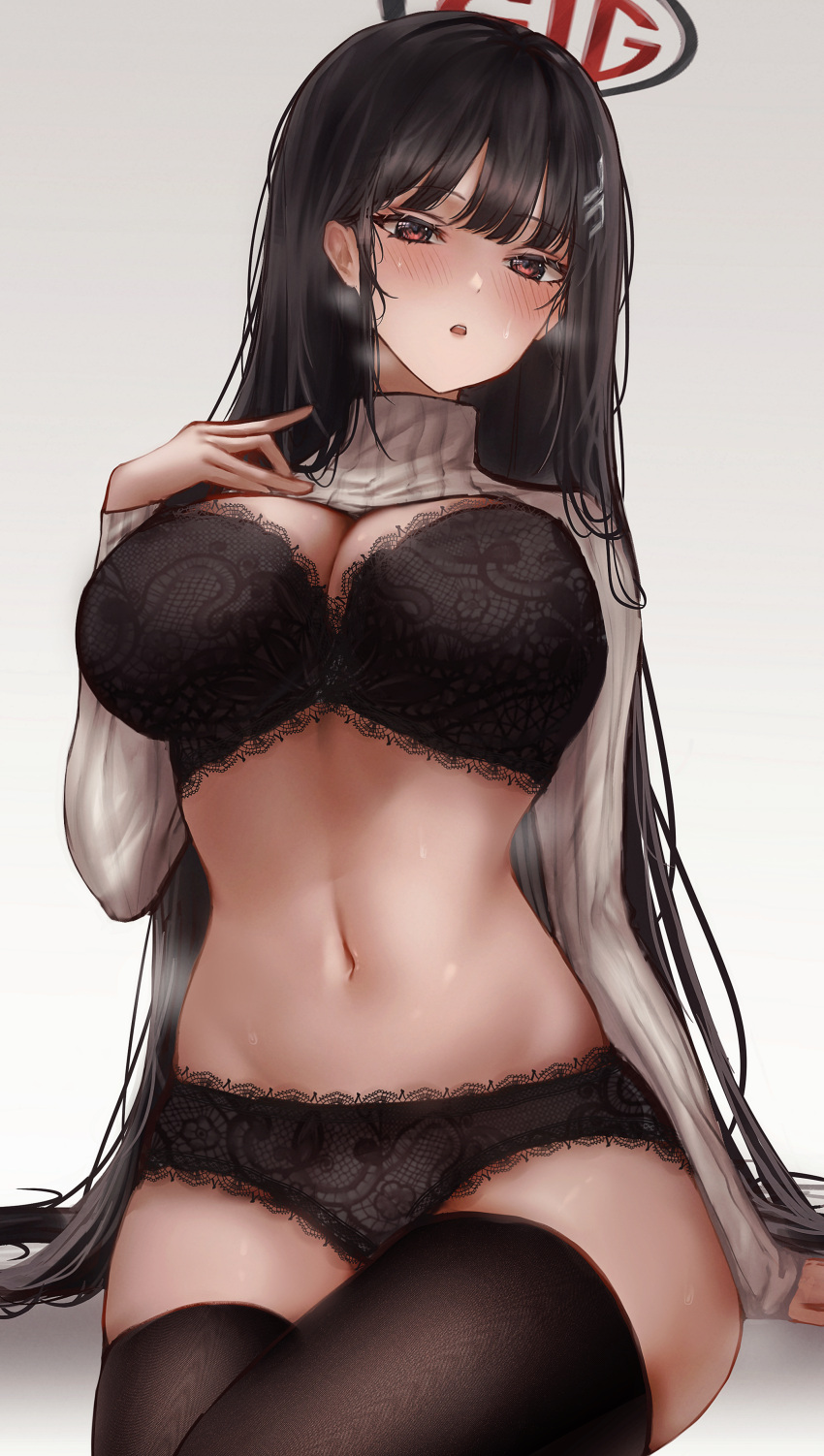 1girl absurdres at_congju black_bra black_panties black_thighhighs blue_archive bra breasts breath cleavage embroidered_bra embroidered_panties halo highres lace-trimmed_bra lace-trimmed_panties lace_trim large_breasts long_sleeves looking_at_viewer navel panties red_eyes ribbed_sweater rio_(blue_archive) simple_background solo steam steaming_body stomach sweatdrop sweater thighhighs underwear white_background