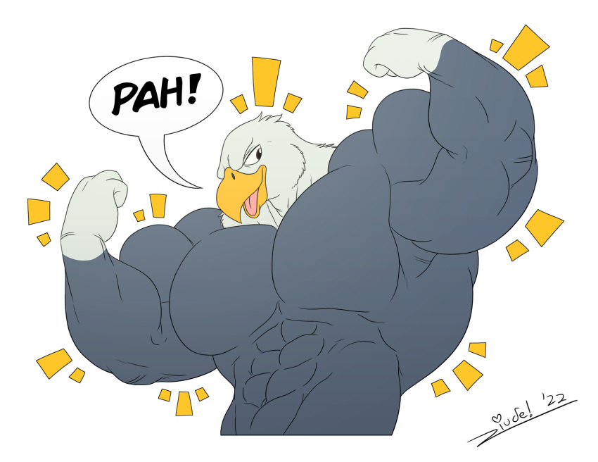 2022 abs accipitrid accipitriform animal_crossing anthro apollo_(animal_crossing) avian bald_eagle beak biceps big_abs big_biceps big_pecs bird catchphrase dialogue eagle feathers flexing_both_biceps grey_body grey_feathers hi_res male muscular muscular_anthro muscular_male nintendo pecs sea_eagle simple_background speech_bubble waist_up white_background