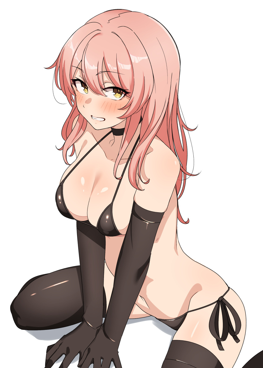 1girl absurdres bare_shoulders bikini black_bikini black_choker black_gloves black_thighhighs blush body_blush breasts choker cleavage collarbone elbow_gloves gloves highres idolmaster idolmaster_cinderella_girls jougasaki_mika large_breasts long_hair looking_at_viewer navel parted_lips pink_hair seihekiog side-tie_bikini_bottom simple_background sitting smile swimsuit teeth thighhighs thighs wariza white_background yellow_eyes