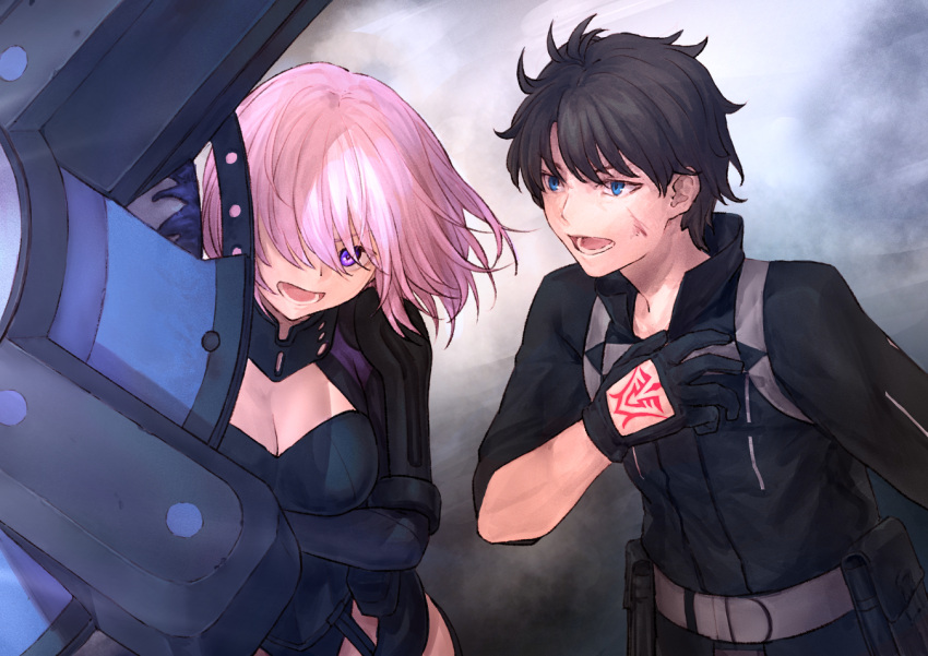 1boy 1girl armored_leotard black_gloves black_hair black_leotard blue_eyes breasts cleavage command_spell commentary_request fate/grand_order fate_(series) fujimaru_ritsuka_(male) fujimaru_ritsuka_(male)_(polar_chaldea_uniform) gloves holding holding_shield io_(io_oekaki) leotard looking_at_another lord_camelot_(fate) mash_kyrielight mash_kyrielight_(ortenaus) medium_breasts open_mouth pink_hair purple_eyes shield short_hair solo