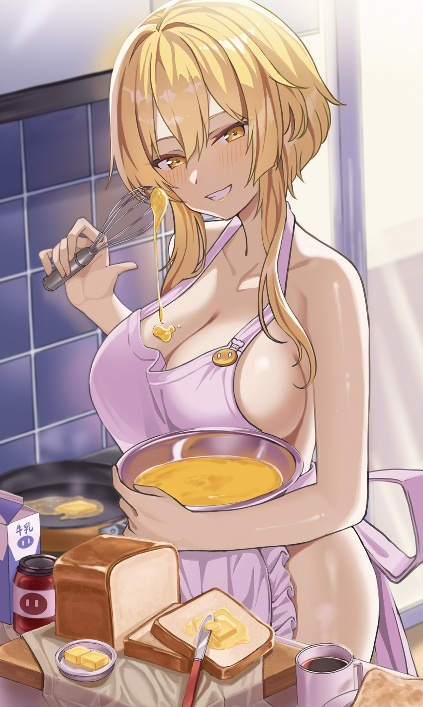 1girl apron bare_shoulders blonde_hair bowl bread breasts cleavage cooking food genshin_impact hair_between_eyes highres holding holding_bowl holding_whisk kitchen large_breasts looking_at_viewer lumine_(genshin_impact) naked_apron o-los short_hair short_hair_with_long_locks sidelocks smile solo whisk yellow_eyes