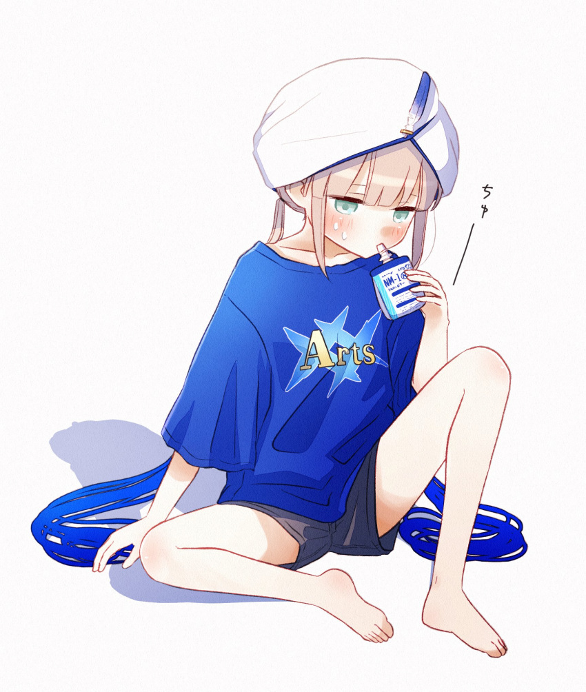 1boy alternate_costume arm_support arts_shirt barefoot black_shorts blue_hair blue_shirt blunt_bangs blush brown_hair captain_nemo_(fate) colored_tips commentary_request drink drink_pouch drinking fate/grand_order fate_(series) full_body green_eyes highres holding holding_drink knee_up long_hair looking_at_viewer low_twintails multicolored_hair nemo_(fate) print_shirt saitoh_michiru shirt shorts sidelocks simple_background sitting solo sweat t-shirt translation_request turban twintails very_long_hair white_background white_headwear