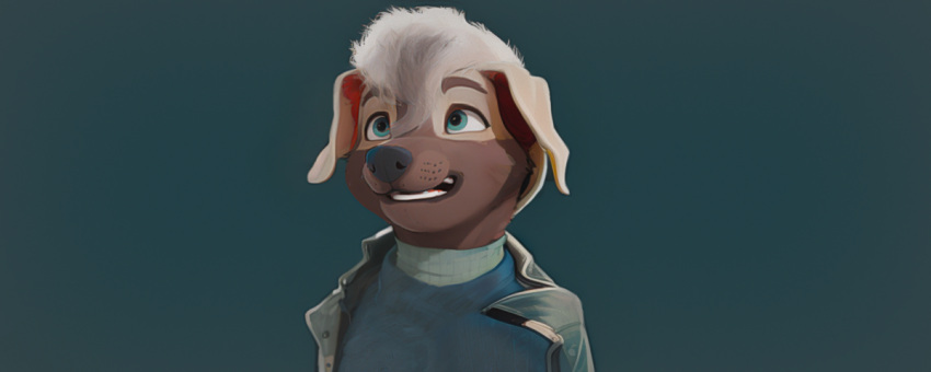 anthro brown_body canid canine canis clothing domestic_dog hair jacket kovin_dark kovinafterdark male mammal simple_background smile solo solo_focus teal_eyes topwear white_hair