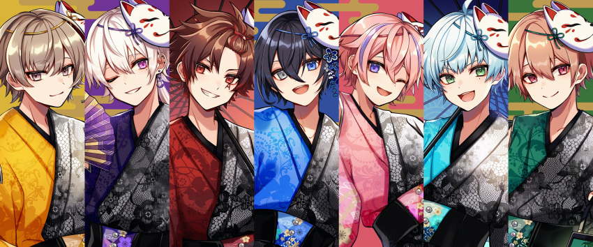 6+boys :d ;d a-gata_(albanox) albanox aononchi asymmetrical_clothes bangs_pinned_back black_hair black_kimono black_sash blonde_hair blue_eyes blue_hair blue_kimono brown_eyes brown_hair choppy_bangs clothing_cutout column_lineup copyright egasumi emu_(albanox) facial_mark floral_print folding_fan fox_mask gradient_kimono green_eyes green_kimono grey_eyes grin hair_between_eyes hair_ornament hand_fan hand_up haru_(albanox) heterochromia highres holding holding_fan japanese_clothes kanzashi kimono kouki_(albanox) light_blue_hair looking_at_viewer male_focus mask mask_on_head mole mole_under_eye multicolored_background multicolored_clothes multicolored_hair multicolored_kimono multiple_boys official_art oil-paper_umbrella one_eye_closed parted_lips pink_hair pink_kimono purple_eyes purple_hair purple_kimono red_eyes red_kimono riki_(albanox) sash short_hair shoulder_cutout smile streaked_hair tassel umbrella upper_body uto_(albanox) white_kimono wide_sleeves will_(albanox)