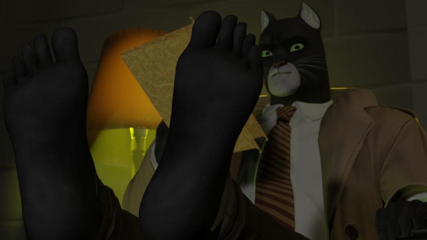 2021 3d_(artwork) 5_toes anthro barefoot black_body black_fur blacksad blouse clothing coat dbzdr digital_media_(artwork) feet felid feline file_folder foot_fetish fur humanoid_feet inside john_blacksad lamp lights looking_at_viewer male mammal necktie plantigrade prick_ears soles solo story story_in_description toes topwear whiskers white_body white_fur